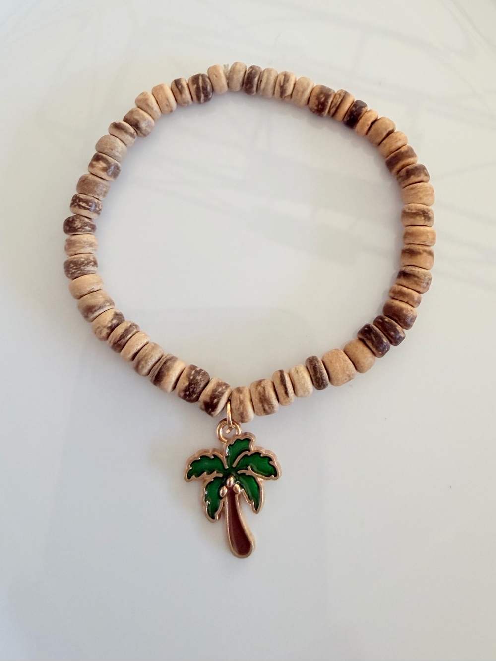 Beach-Style Brown Wood Bead Bracelet with Palm Tree Charm